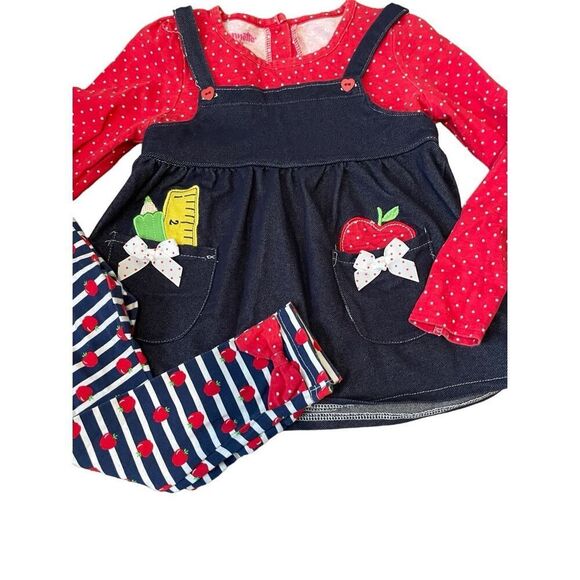 Nannette Girls Size 6 Denim Red Blue Top & Leggings Set Apple Motif Pockets Bows - Picture 1 of 6